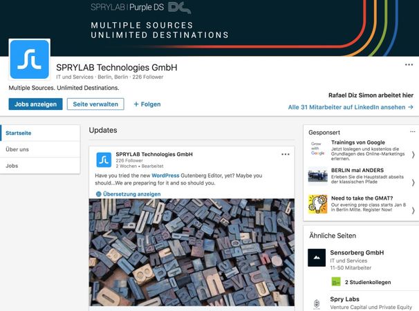Linkedin Sprylab as an example for several omnichannel and multichannel marketing channels to choose from