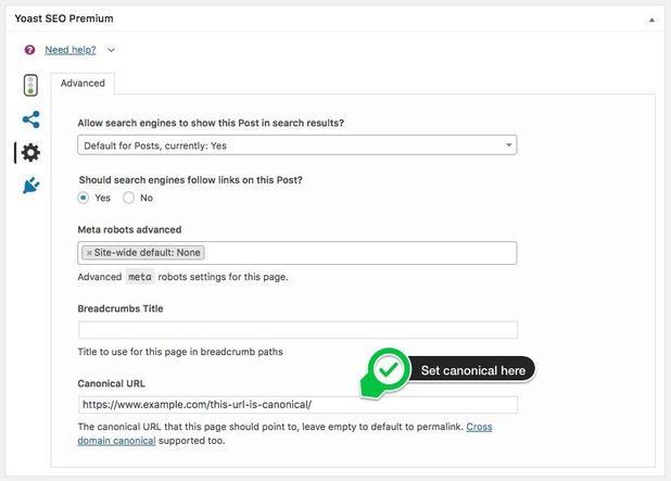 Use "rel=canonical"-Tag within the Yoast Plugin for Content Recycling