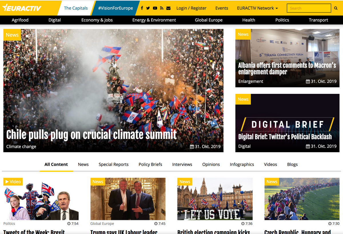 Screenshot of EurActiv.com, a multilingual policy news website