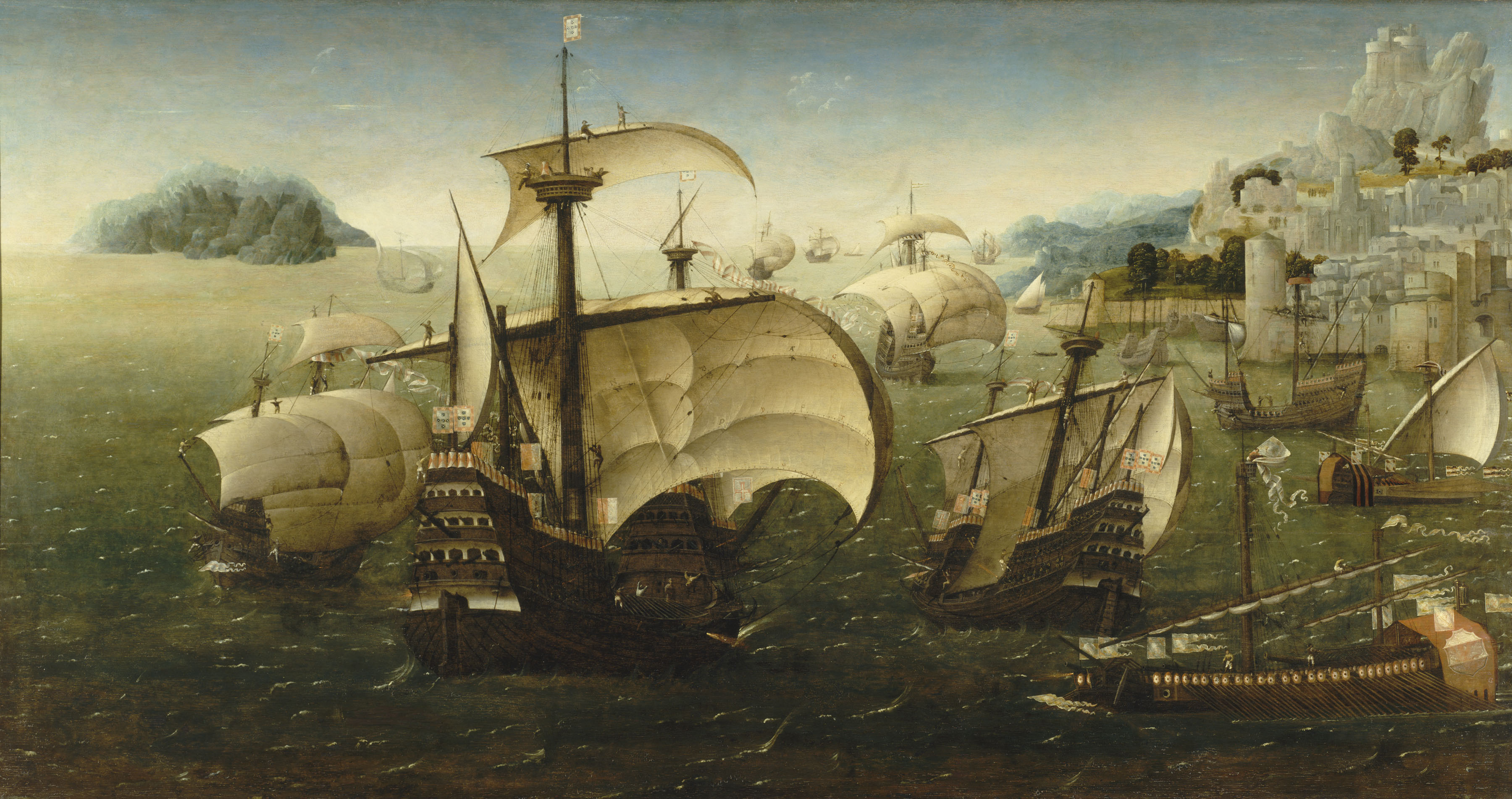 This is one of the very few contemporary paintings of ships of the first half of the 16th century, and one of the best such representations of the first generation of ocean-going merchantmen. It is the object of much speculation by scholars and is thought to show the carrack 'Santa Catarina de Monte Sinai' bringing the Infanta Beatriz, second daughter of King Manuel of Portugal, to Villefranche for her marriage to Charles III, Duke of Savoy, in 1521. The Portuguese carracks wearing Manuel's flags and emblems met Italian ships during the journey from Lisbon.