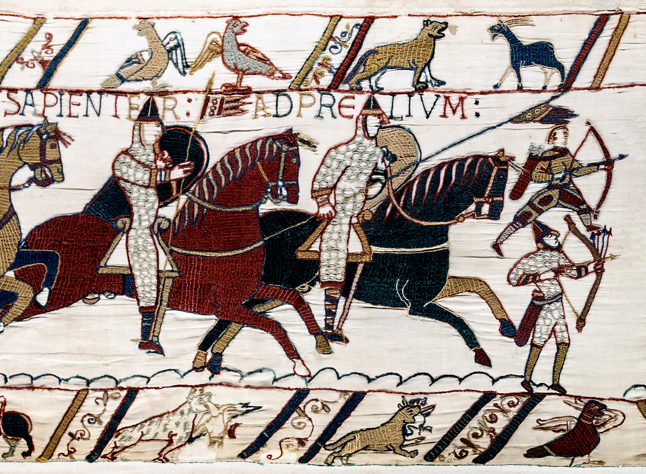 Tapisserie de Bayeux - Scène 51 (partielle) : la bataille d'Hastings, chevaliers et archers normands.
