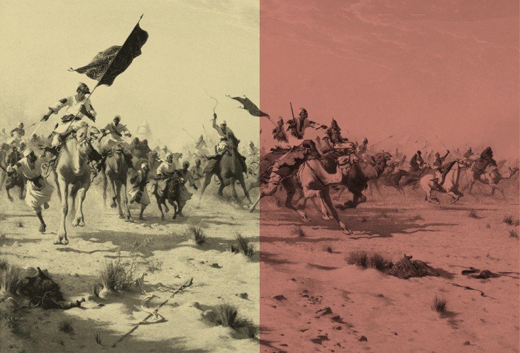 SUDANESISCHE KRIEGER kämpfen 1898 in der Wüste am Nil gegen eine anglo-ägyptische Armee. Britische Künstler stellen die Schlacht später in Gemälden dar – um den Sieg der Europäer zu verherrlichen