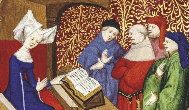 CHRISTINE DE PIZAN belehrt eine Gruppe von Männern: Die Autorin schreibt in ihren Texten Ungeheuerliches – etwa, dass Mädchen nicht dümmer seien als Jungen (Buchmalerei, 1405)