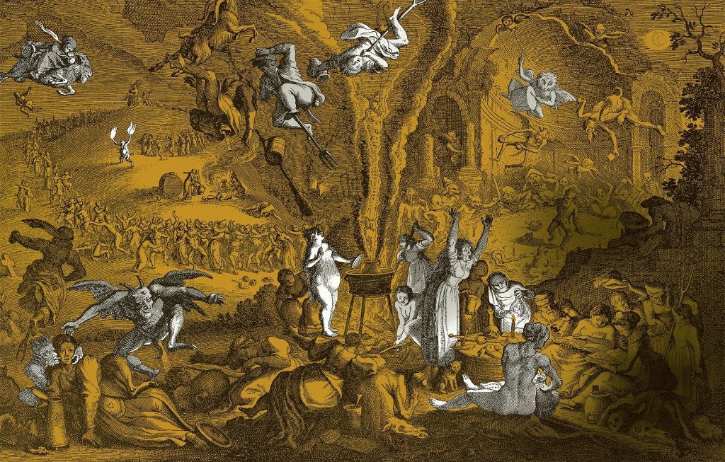 UM GEMEINSAM SATAN zu huldigen, fliegen Hexen auf Besen, Ziegenböcken oder Forken zu ihren Treffen, so der Volksglaube, der um 1430 aufkommt. Die Schwarzmagierinnen feiern demnach mit dem Teufel (vorn links) Orgien und wollen durch bösen Zauber die Christenheit zerstören (Kupferstich, um 1626)