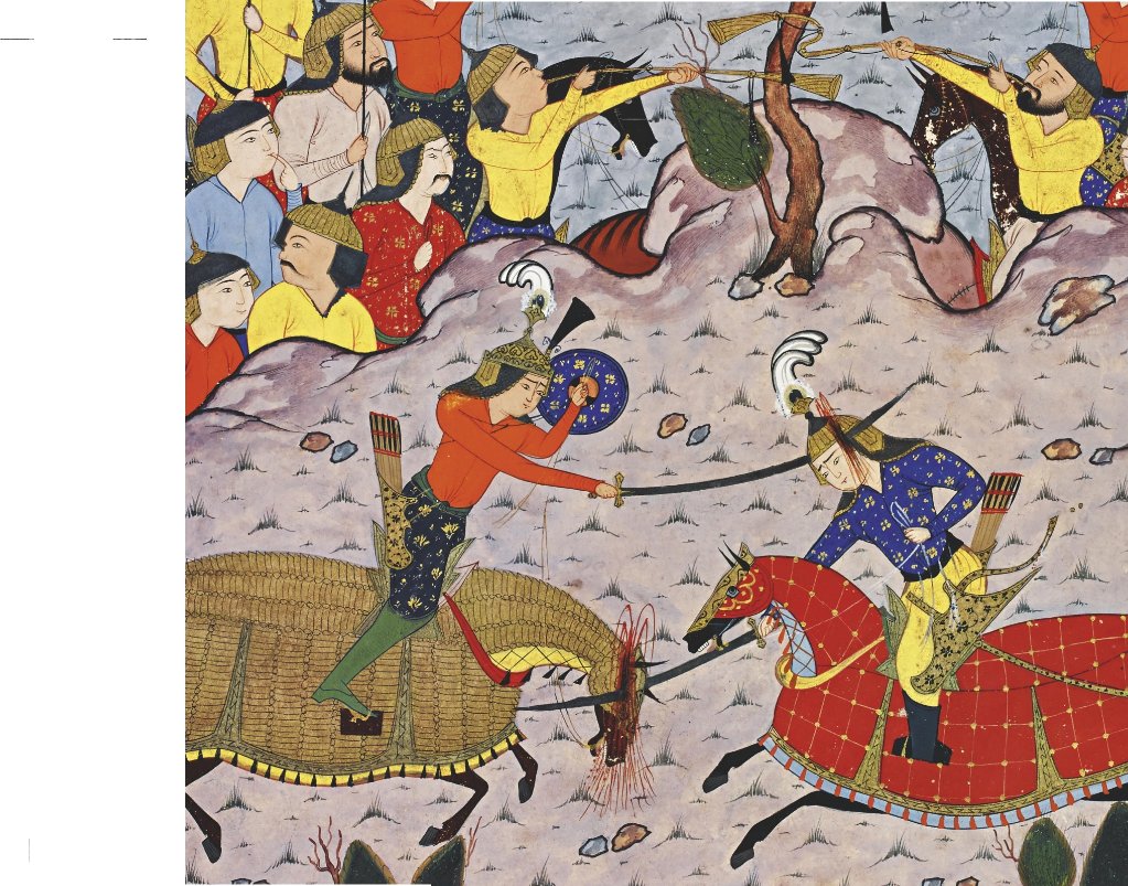 MIT SEINEM SÄBEL spaltet ein muslimischer Feldherr dem sasanidischen Oberbefehlshaber in einer wichtigen Schlacht 638 n. Chr. den Schädel. Die Angreifer aus Arabien werden bis 651 n. Chr. nach und nach das gesamte Reich erobern. Das asiatische Aussehen der Krieger ist ein Stilmittel der persischen Malerei um 1600