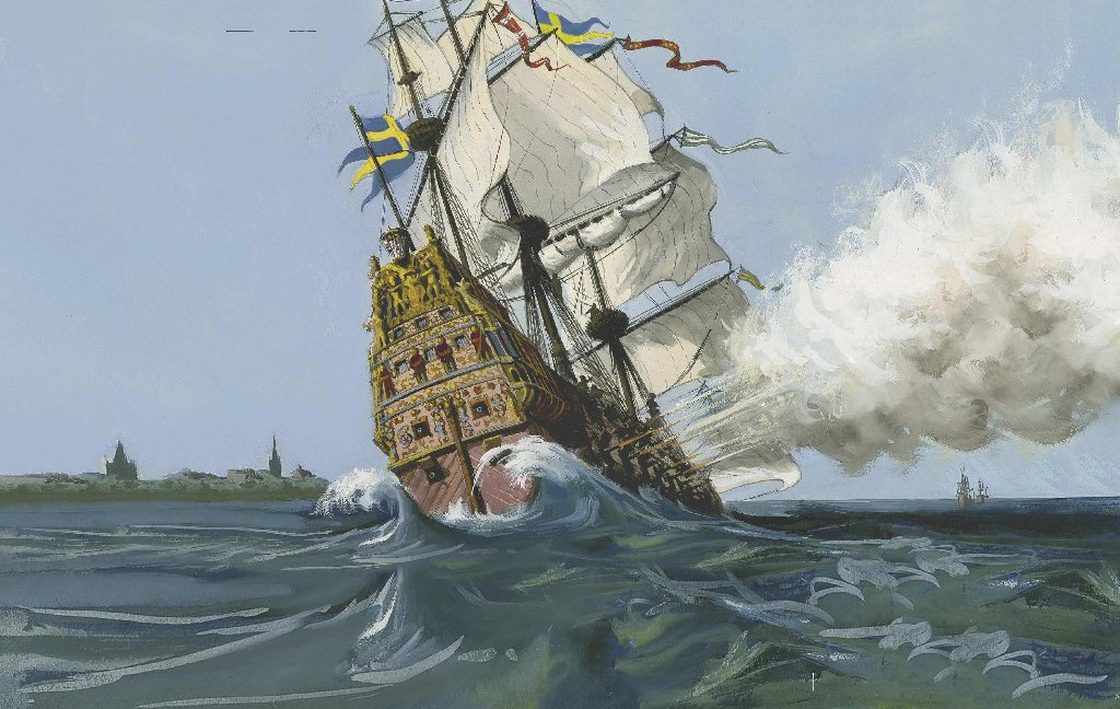 MIT EINEM SALUT bricht die »Vasa« auf. Aber schon die erste Bö bringt die stolze Galeone in eine bedrohliche Schieflage (freie künstlerische Darstellung, ca. 1955)