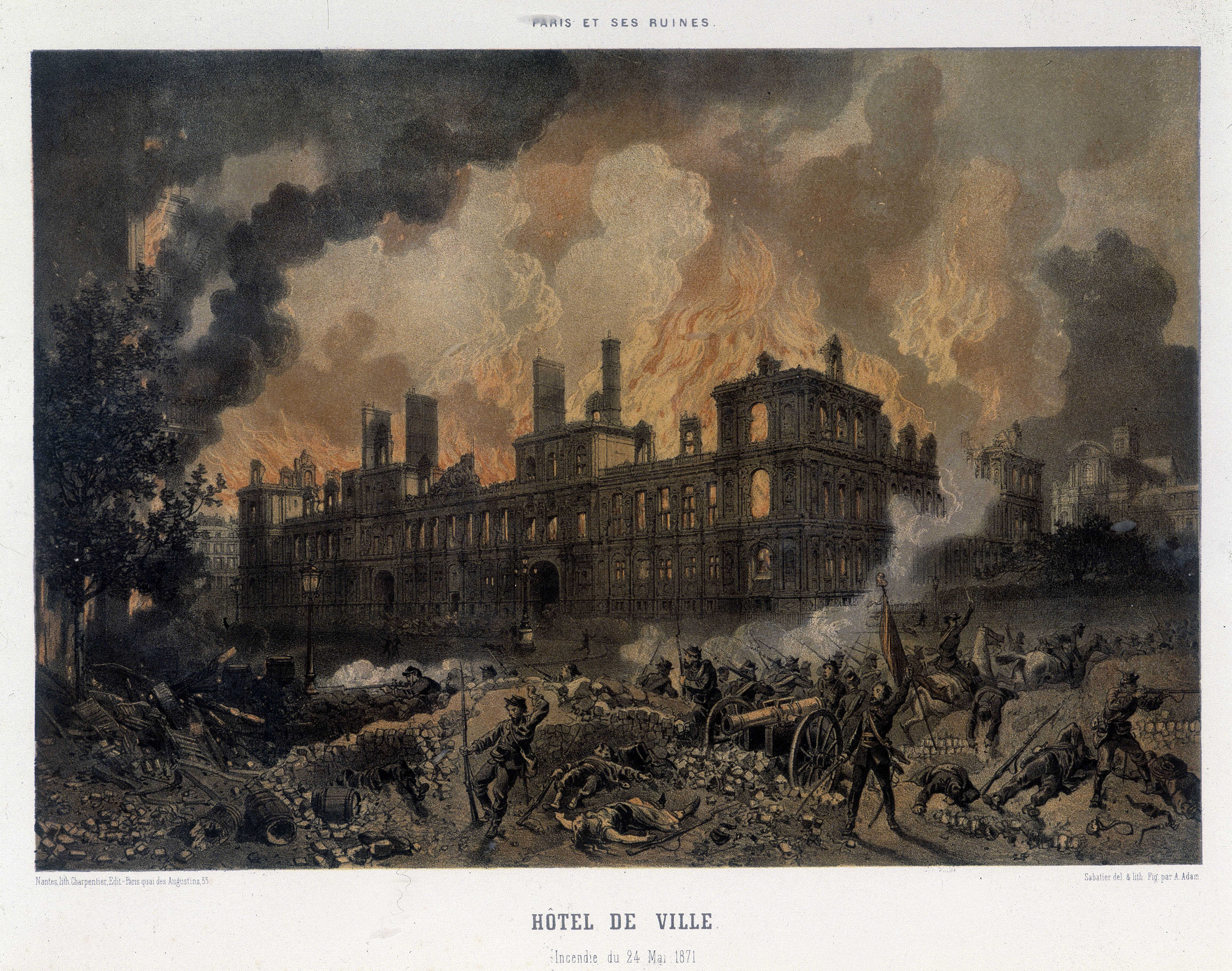 Commune de Paris : L'incendie de l'Hotel de ville de Paris le 24 mai 1871. Gravure de l'epoque.