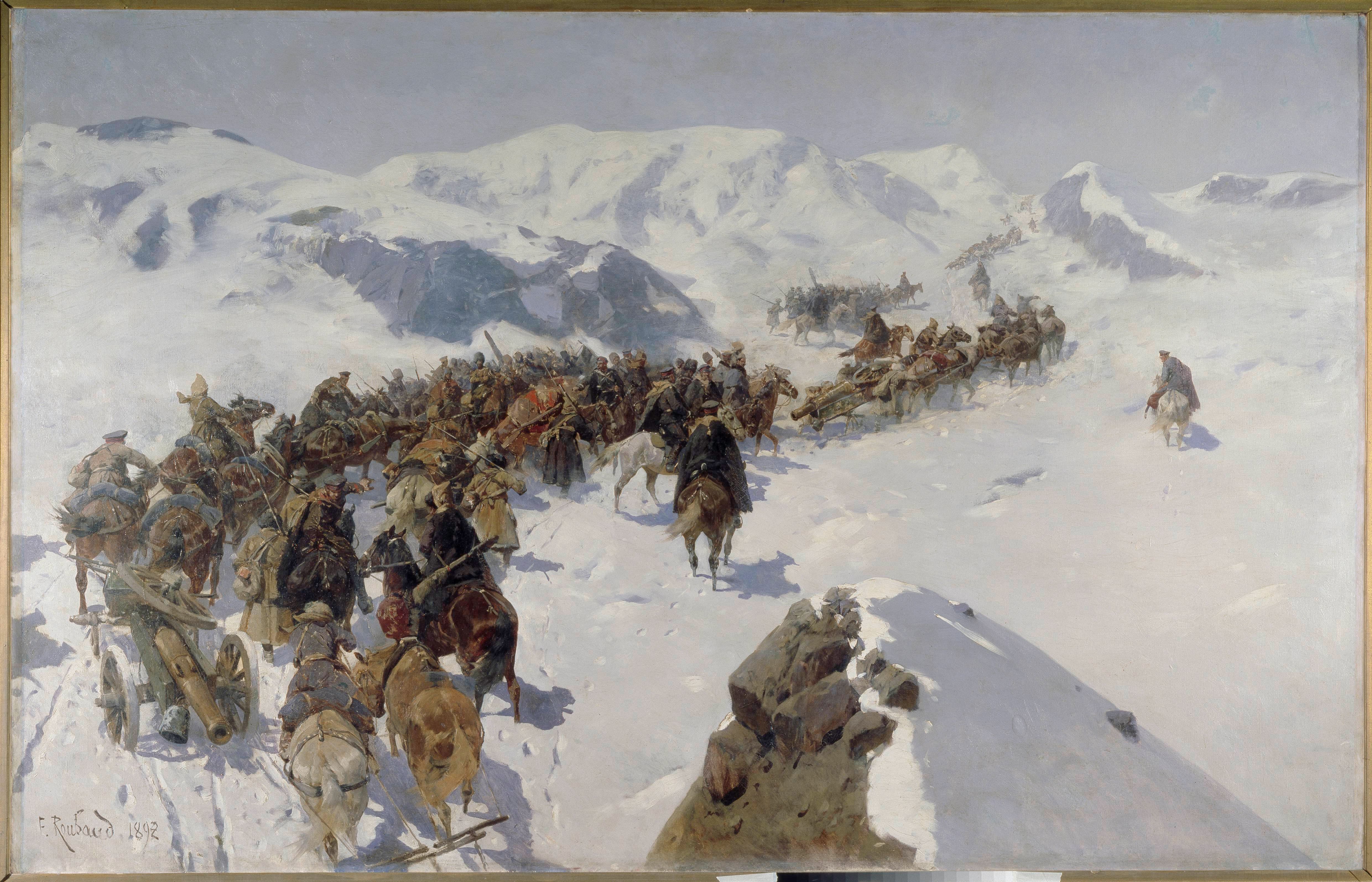 Russisches Reich / Kaukasien 1892 (?). General Argutinsky überschreitet eine Bergkette im Kaukasus. Gemälde, 1892, von Franz Roubaud (18561928). Öl auf Leinwand, 126 × 199 cm. Makhachkala, Art Museum.