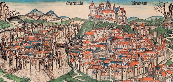 UM 1500 IST KRAKAU – hier eine zeitgenössische Ansicht aus der »Schedelschen Weltchronik« – eine Großstadt mit etwa 30 000 Einwohnern, umgeben von Vorstädten wie Kazimierz (im Bild links) und überragt vom Wawel-Hügel mit dem Königspalast